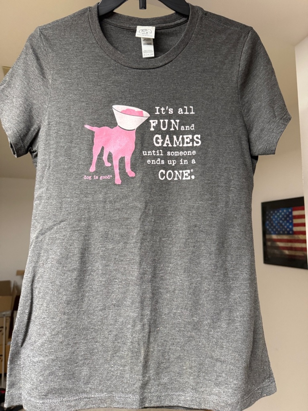 Women's Gray Short-Sleeve Tee with Pink Dog Graphic